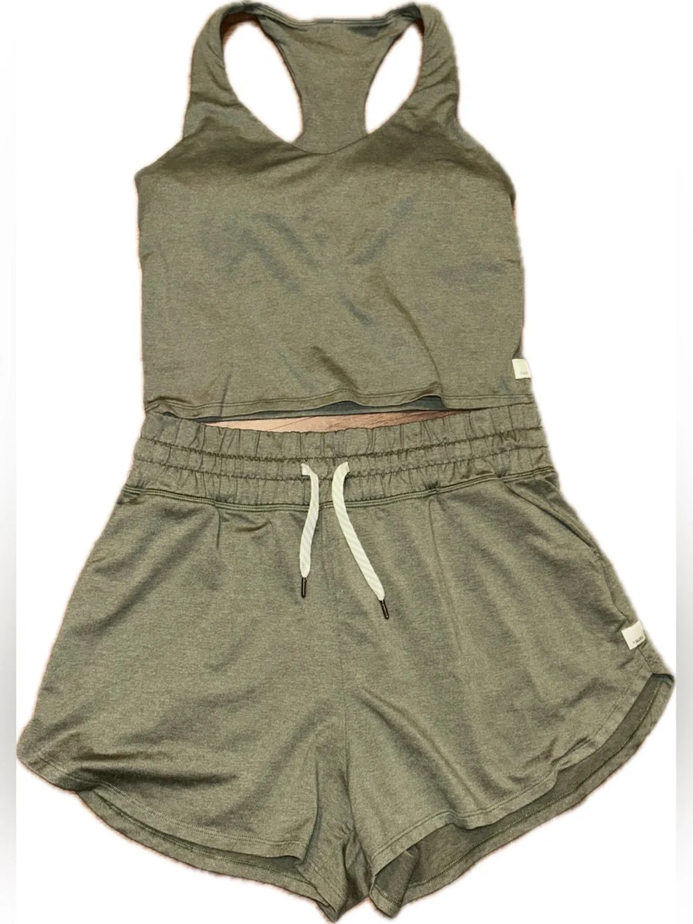 Vuori Halo Performance Dark Metal Heather Olive Gray Tank Top M Shorts L Set